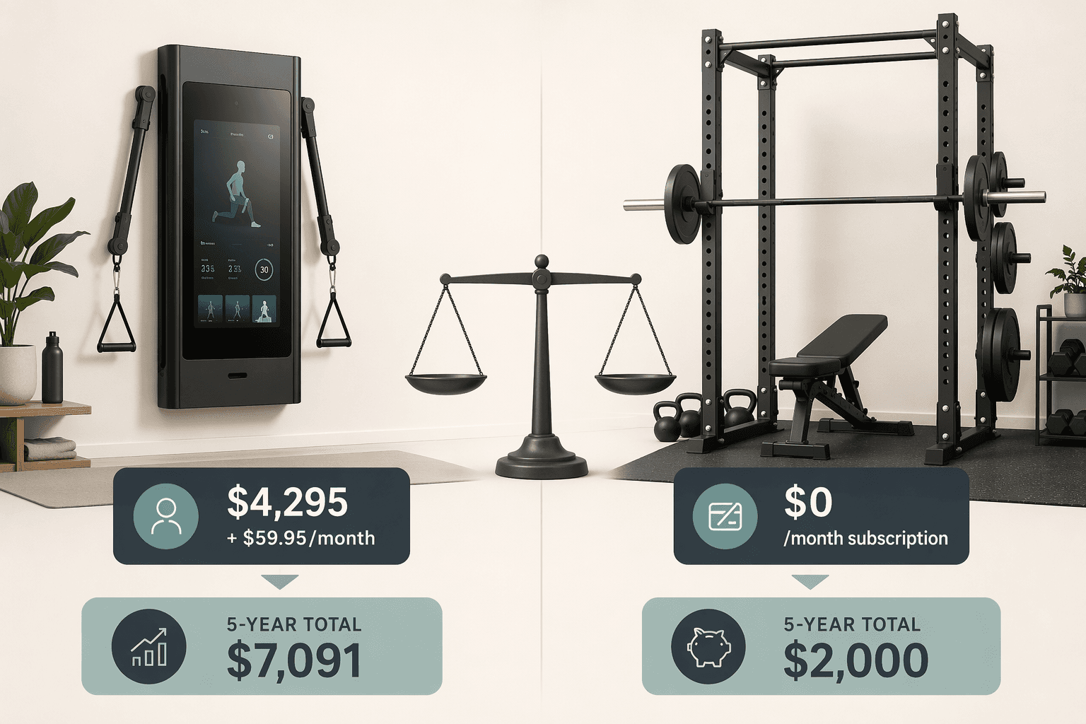 Side-by-side comparison of a wall-mounted smart gym with a 5-year total cost callout and a traditional power rack with a $0/month indicator, with a balanced scale icon between them.