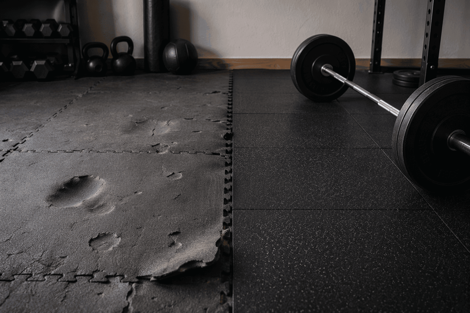 Damaged foam home gym floor beside intact dense rubber flooring with weights