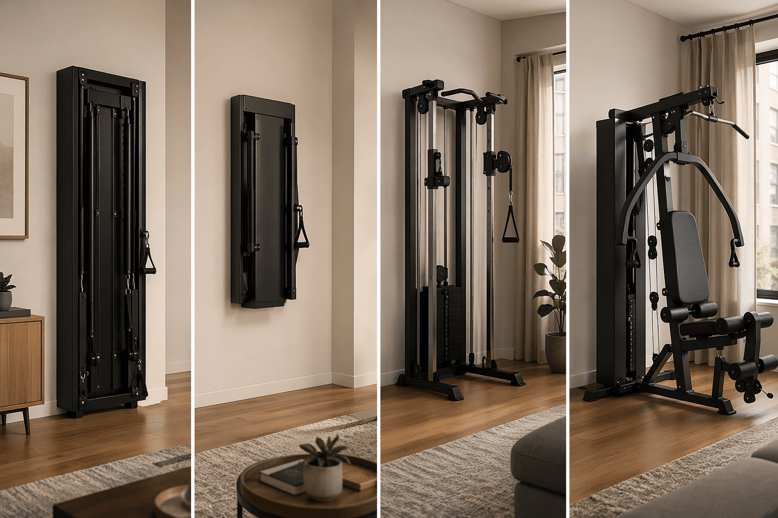 Four compact home gym storage styles shown in one apartment setting
