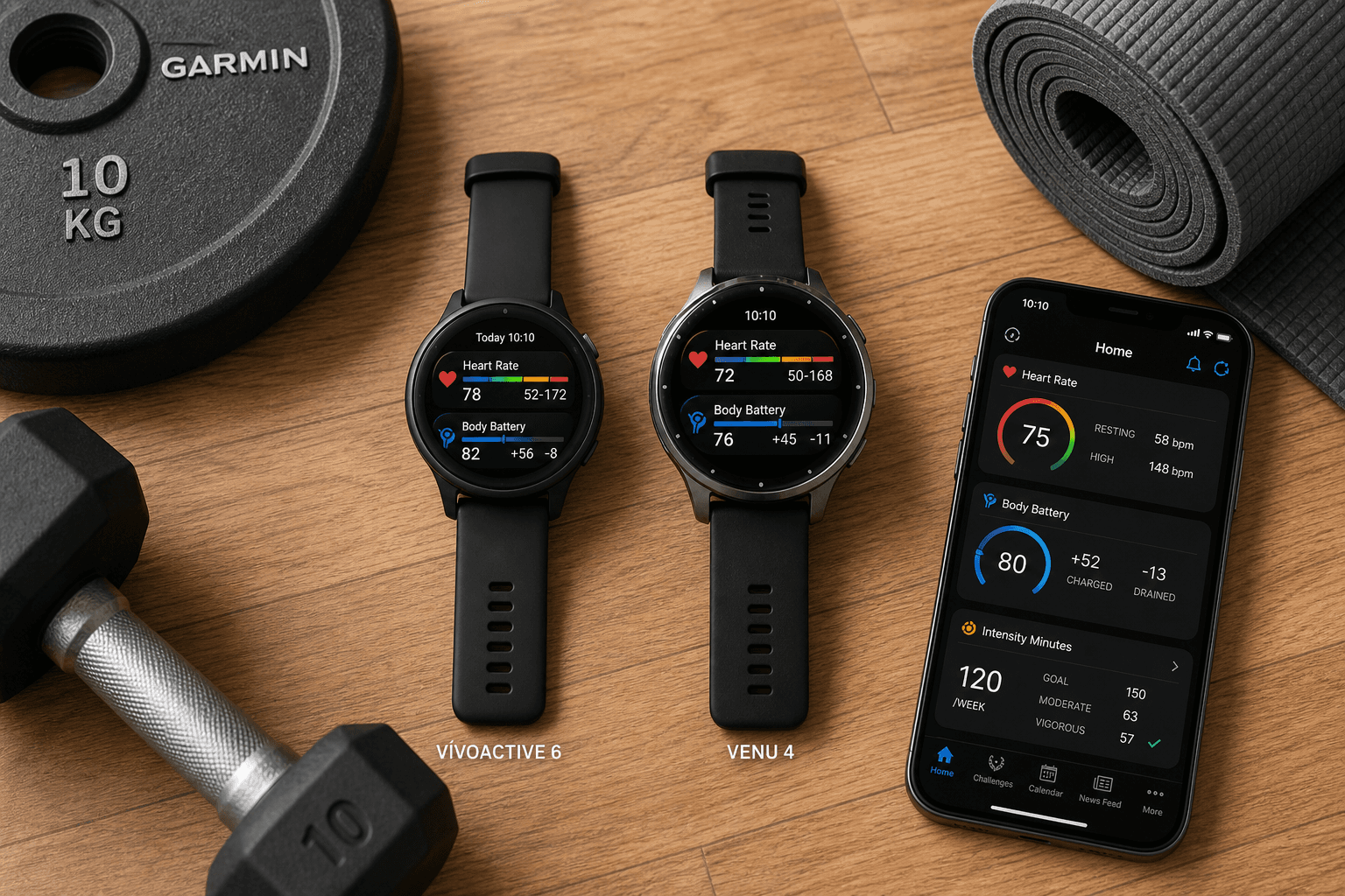 Flat-lay composition on a wooden home gym floor showing a Garmin Vivoactive 6 (left) and a Garmin Venu 4 (right) with their AMOLED screens displaying workout data, placed next to a barbell plate, a dumbbell, a rolled yoga mat, and a smartphone showing a Garmin Connect-style dashboard.