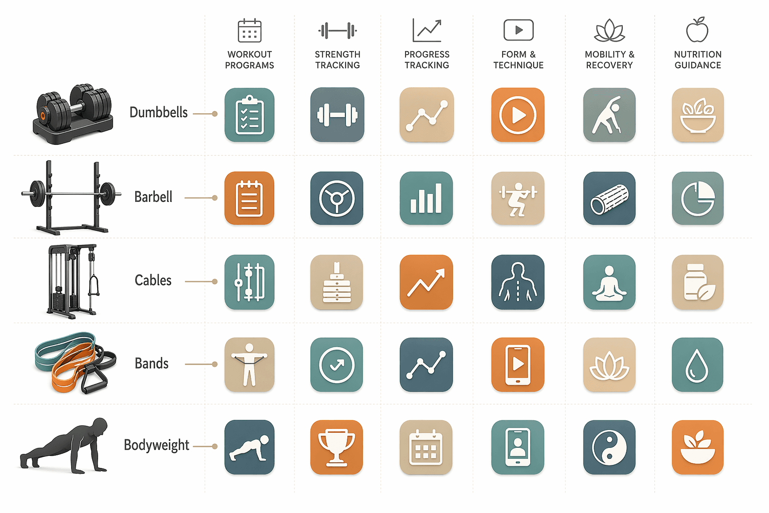 Decision matrix showing five equipment icons on the left (dumbbells, barbell, cable machine, bands, bodyweight) connected to app icon clusters on the right.
