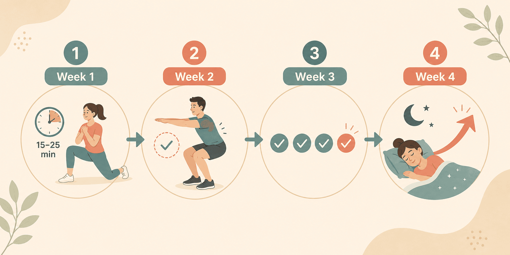 Editorial flat-design illustration showing a 4-step horizontal timeline progression for a 30-day beginner fitness journey with labeled Week 1 through Week 4 icons.