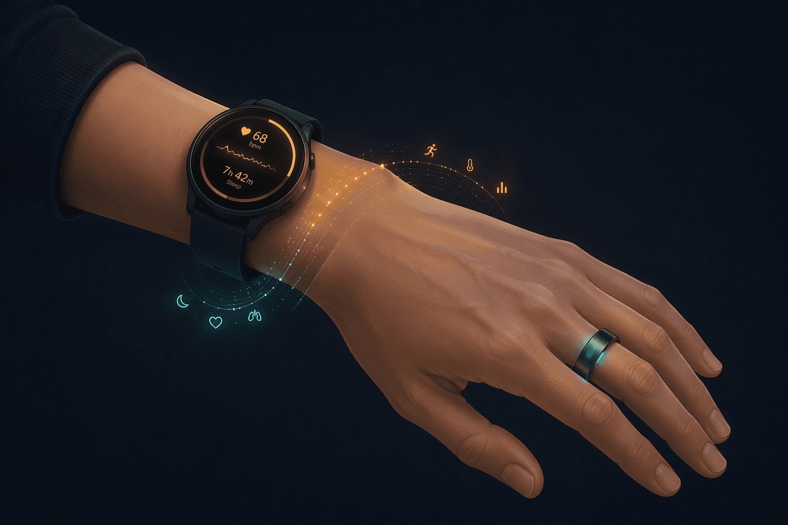 Illustration of a forearm wearing both a smart ring on the finger and a smartwatch on the wrist, with a data-flow graphic connecting the two devices.