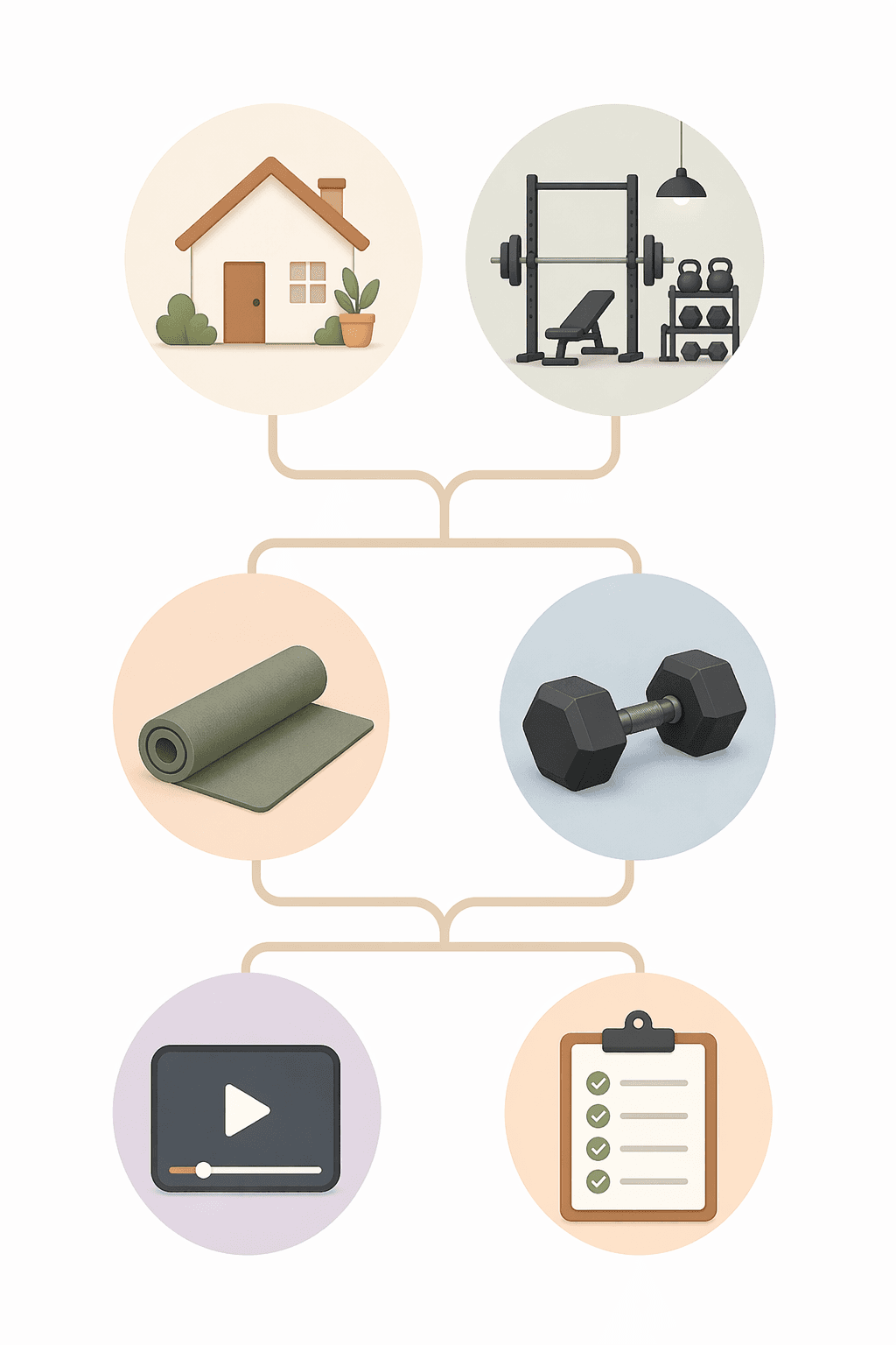 A branching decision flowchart with icons for home or gym, bodyweight or dumbbells, and video or checklist.