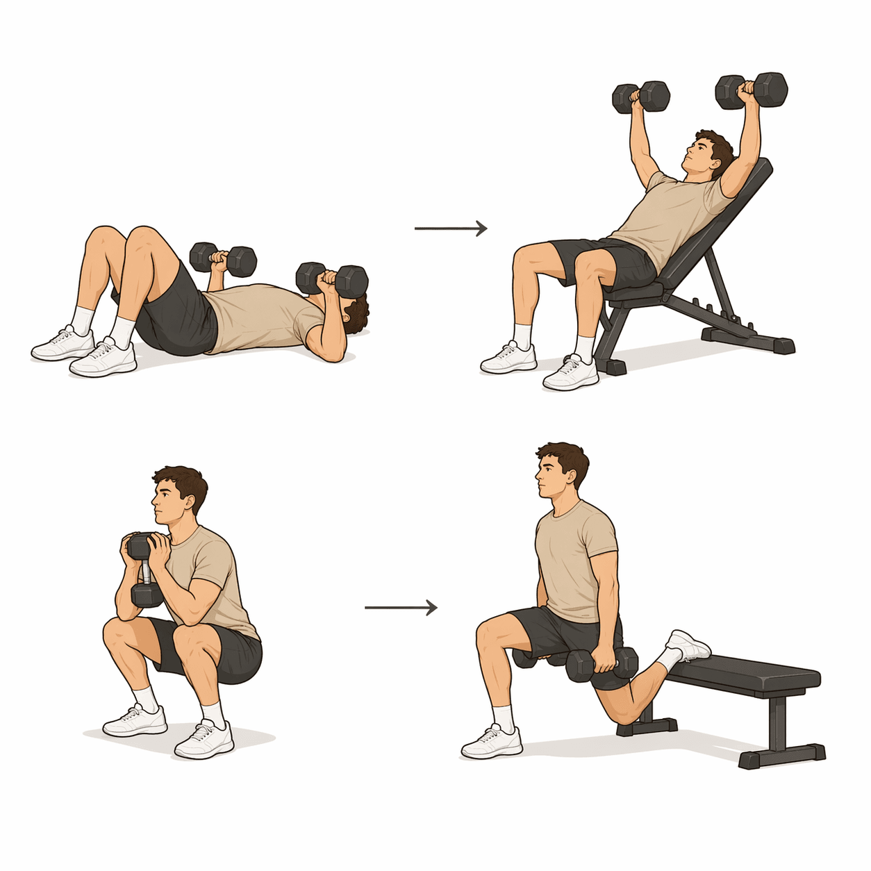Two-panel illustration: top row shows floor press to incline press progression; bottom row shows goblet squat to Bulgarian split squat progression with arrows indicating direction.