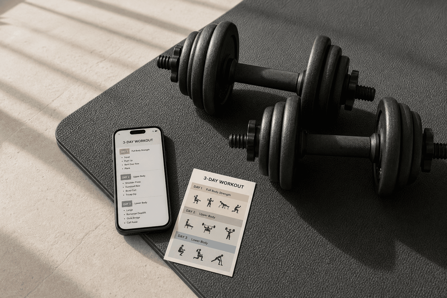 A flat lay of adjustable dumbbells on a dark grey gym mat, with a smartphone showing a 3-day workout schedule and a small note card nearby, warm natural light casting soft shadows.