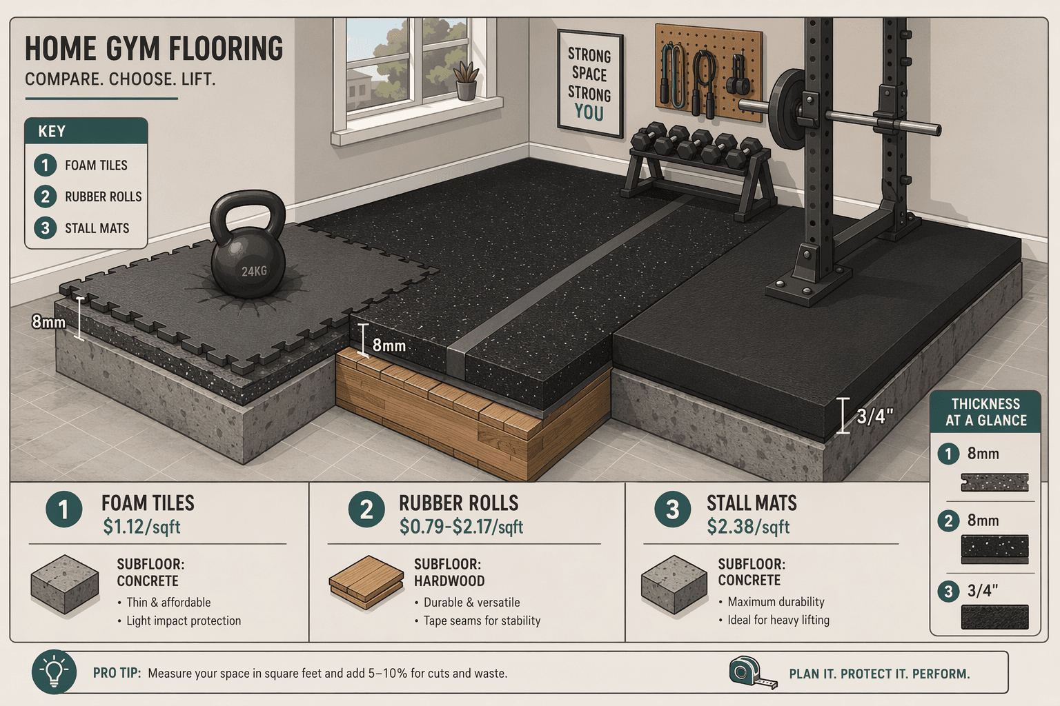 Isometric cutaway illustration of a home gym corner showing three flooring zones with labels: foam puzzle mats with a kettlebell indentation, rubber rolls over hardwood with seam tape, and thick stall mats under a squat rack foot. Subfloor layers are visible in cross-section.