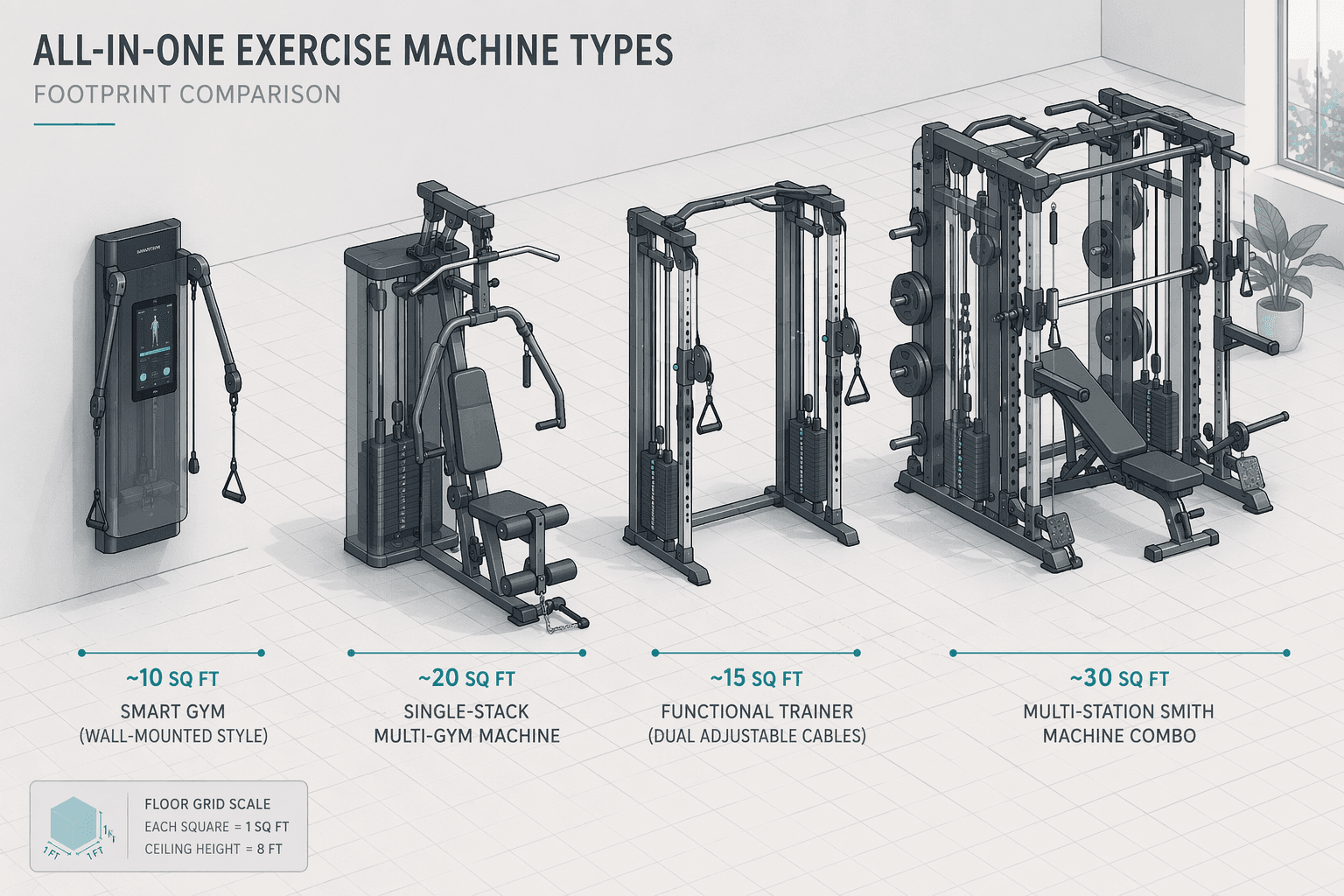 A 2.5D isometric technical illustration showing four all-in-one exercise machine silhouettes arranged from smallest to largest footprint on a grid floor, with teal dimension lines and square footage labels beneath each silhouette.