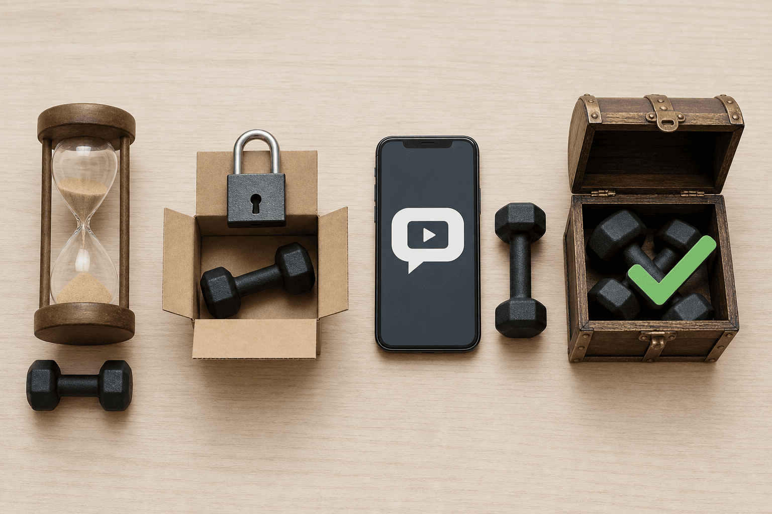 Four visual metaphors arranged horizontally on a light wooden surface: an hourglass with sand running out next to a tiny dumbbell, an open box with a padlock and a dumbbell inside, a smartphone screen showing a small ad speech bubble next to a dumbbell, and an open treasure chest with a dumbbell and green checkmark. Minimalist editorial flat-lay.