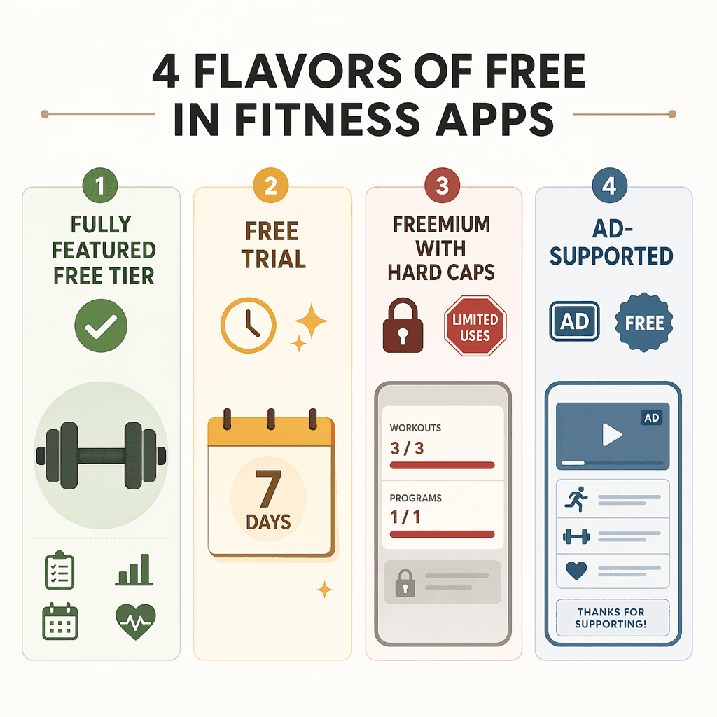 Editorial infographic split into four labeled quadrants: Fully Featured Free Tier with green checkmark and barbell, Free Trial with clock and sparkle, Freemium with Hard Caps with lock and stop-sign, Ad-Supported with ad icon and free badge. Muted warm colors, modern sans-serif.
