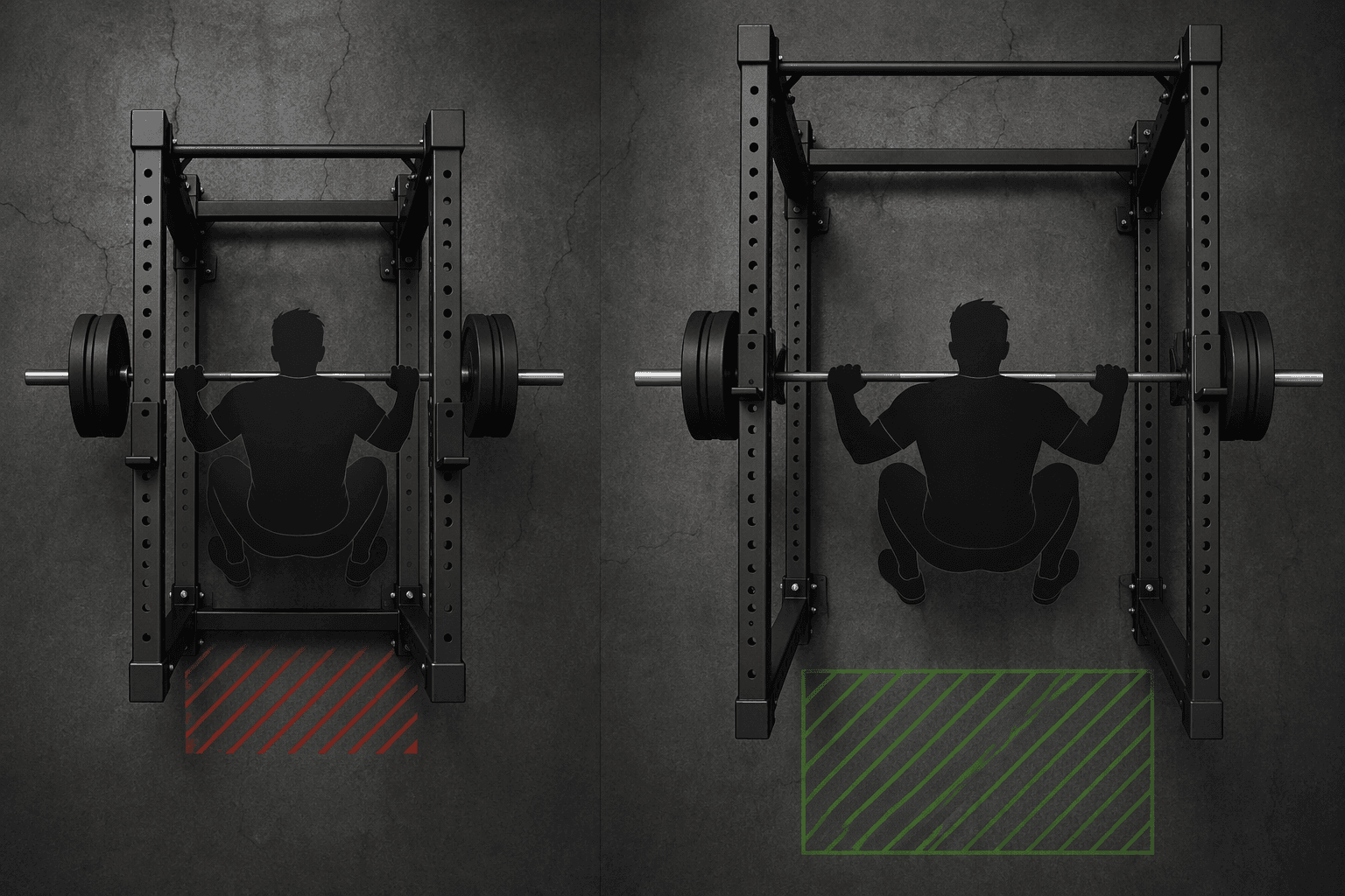 Comparison of a cramped 24-inch rack depth and a roomier 48-inch rack depth for squatting