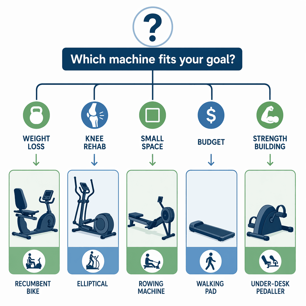 Decision flowchart infographic with a question icon at top branching to five paths, each leading to a flat silhouette icon of a different exercise machine with goal icons for weight loss, knee rehab, small space, budget, and strength.