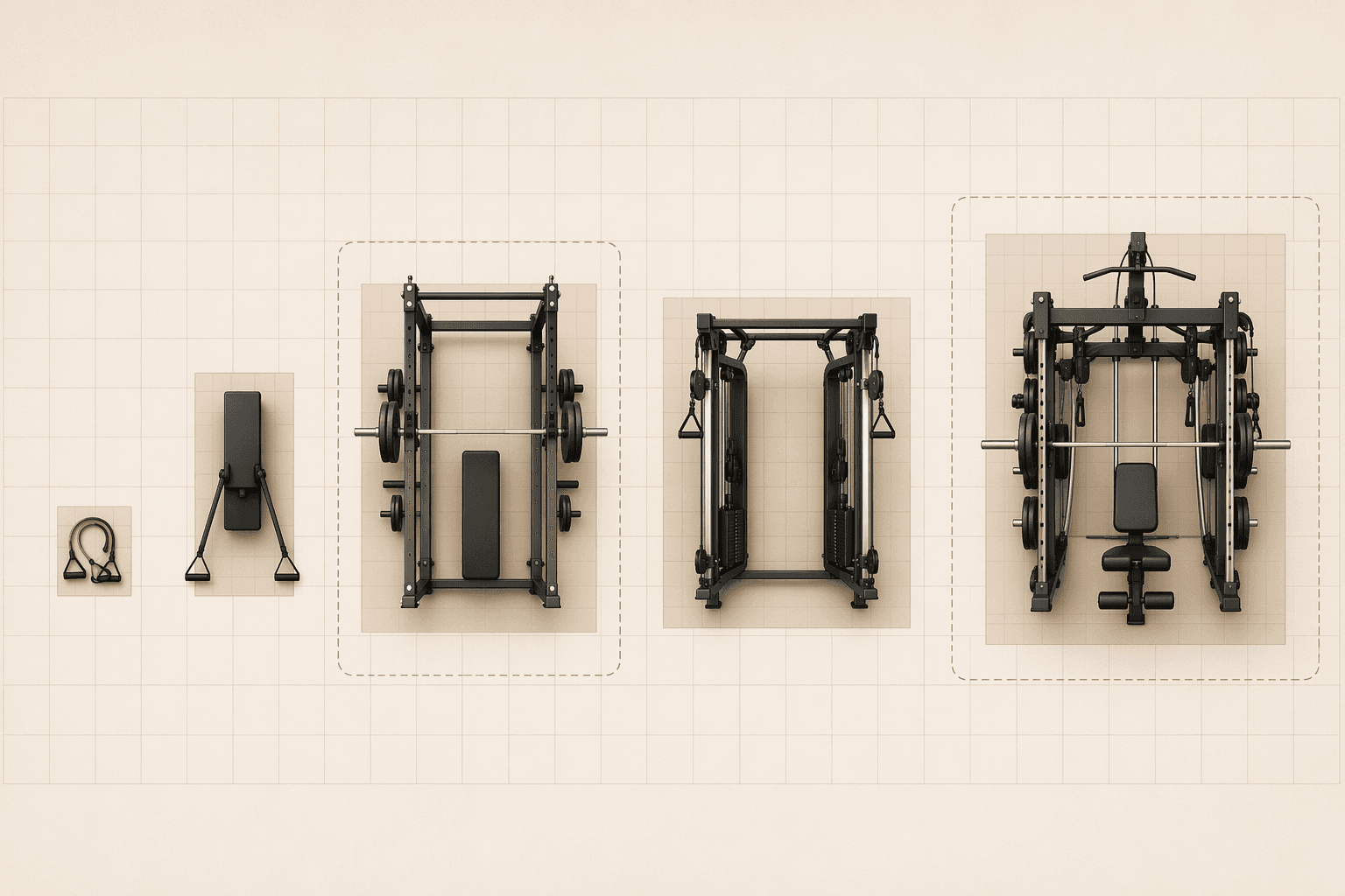 Floor plan footprint comparison of resistance bands, smart gym, functional trainer, power rack, and all-in-one machine