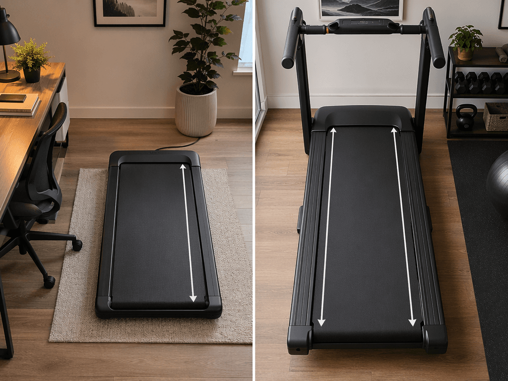 Overhead comparison of two treadmill walking surfaces: left shows a compact walking pad with a short 40-inch deck; right shows a full-size folding treadmill with a 55 to 60-inch deck. Warm lighting, no people, editorial style.
