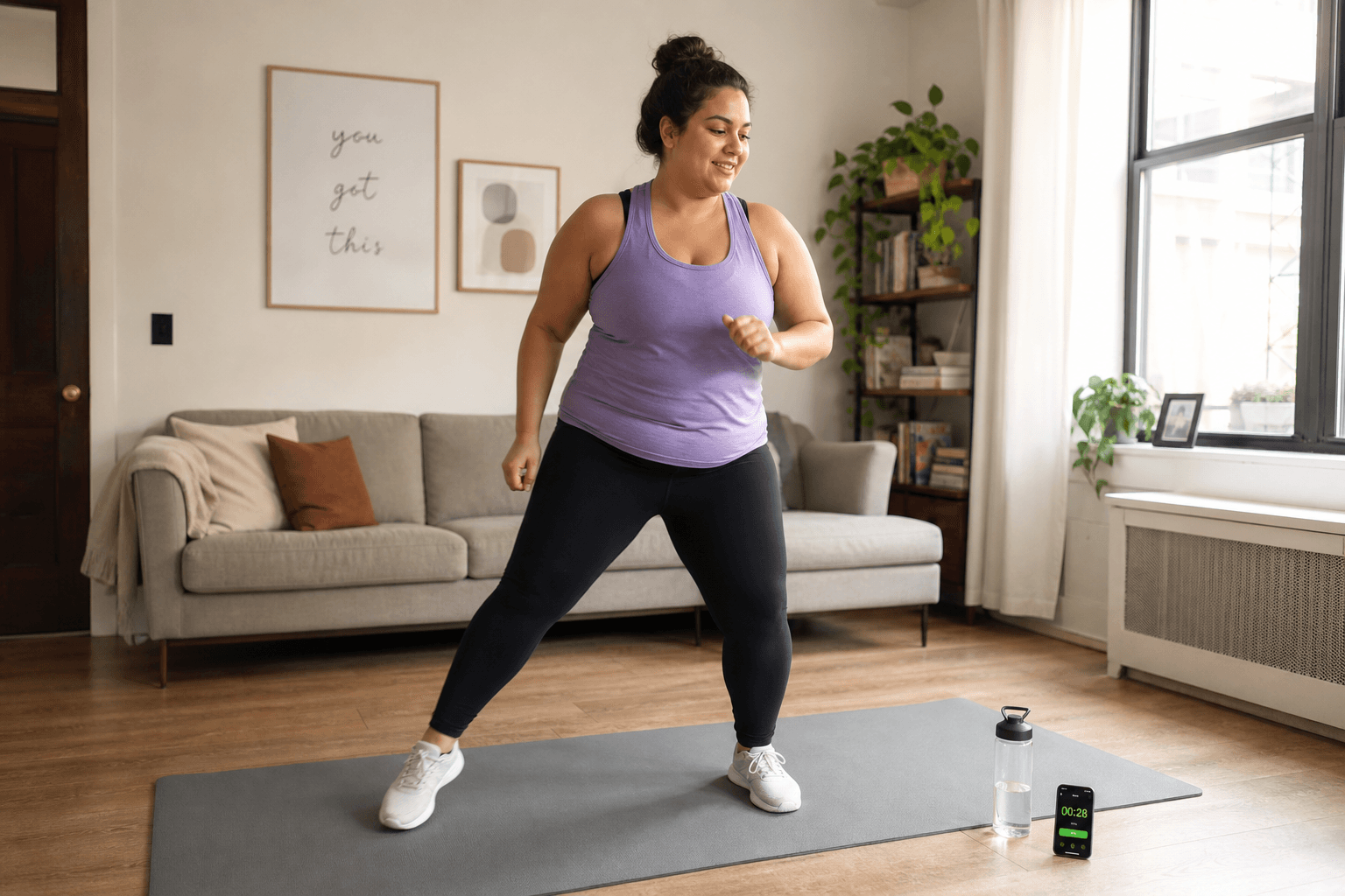 A person in athletic wear stands on a yoga mat in a sunlit apartment living room, performing a controlled step-touch jack motion near a window.