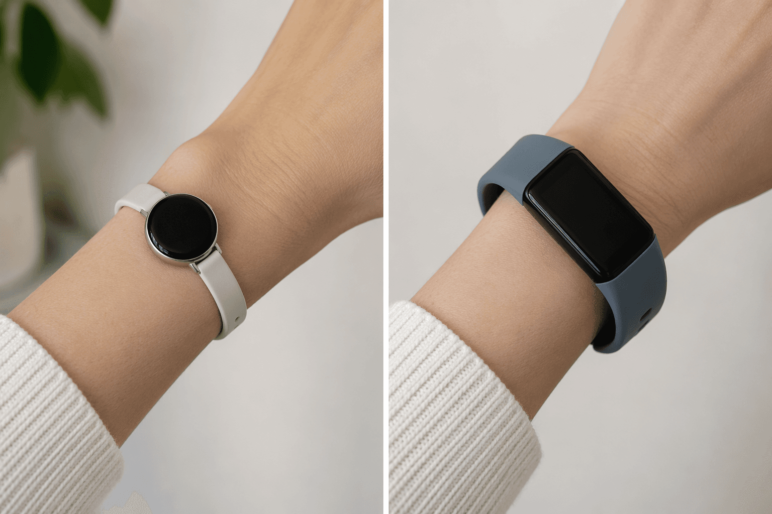 Slim tracker fitting flush on a small wrist compared with a bulkier tracker that gapes and slides up the forearm