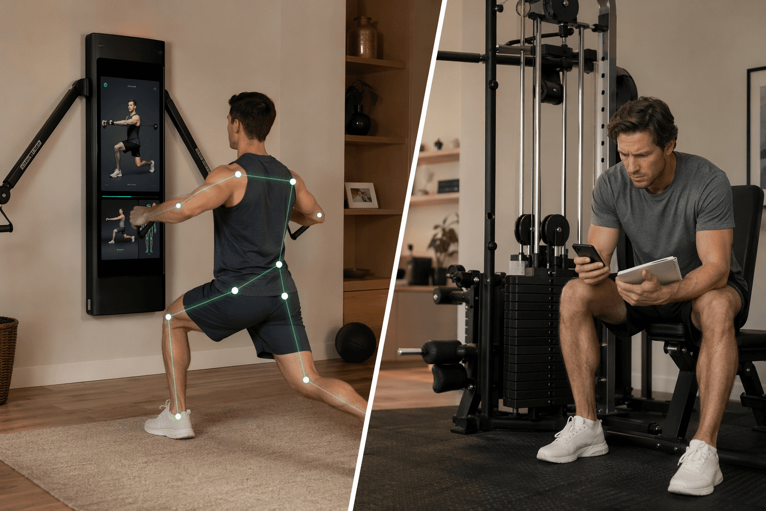 Smart gym user following digital coaching and form-tracking guidance compared with a traditional weight-stack user checking a phone or notebook