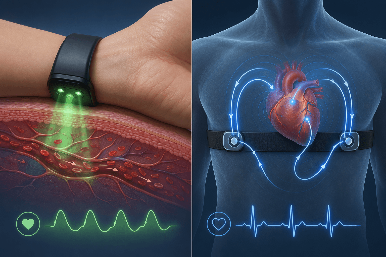 Diagram comparing wrist optical heart rate sensing with chest strap electrical heart rate sensing
