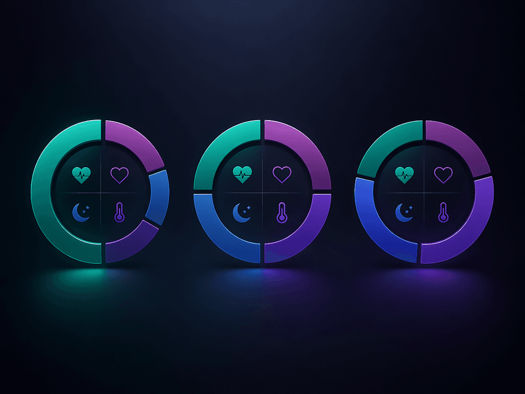 Three circular dials showing different weights for HRV, resting heart rate, sleep stages, and temperature