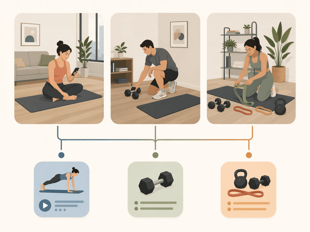 Infographic comparing bodyweight-only, dumbbell-only, and mixed-equipment home workout setups