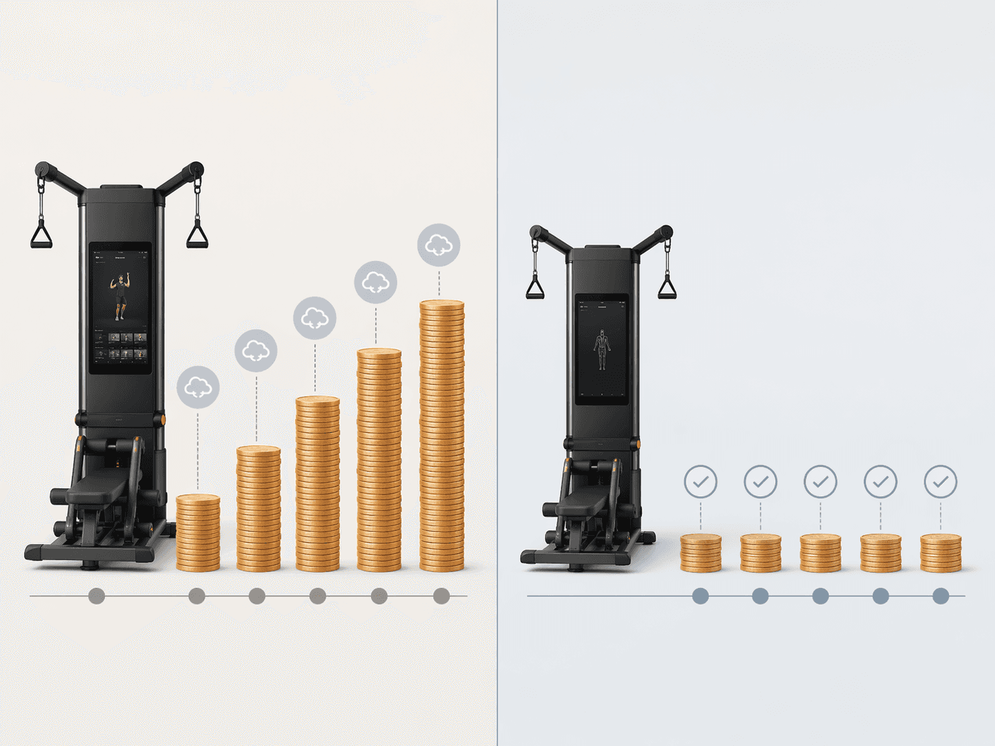 Two smart home gym machines compared by five-year cost, one with growing subscription fees and one without