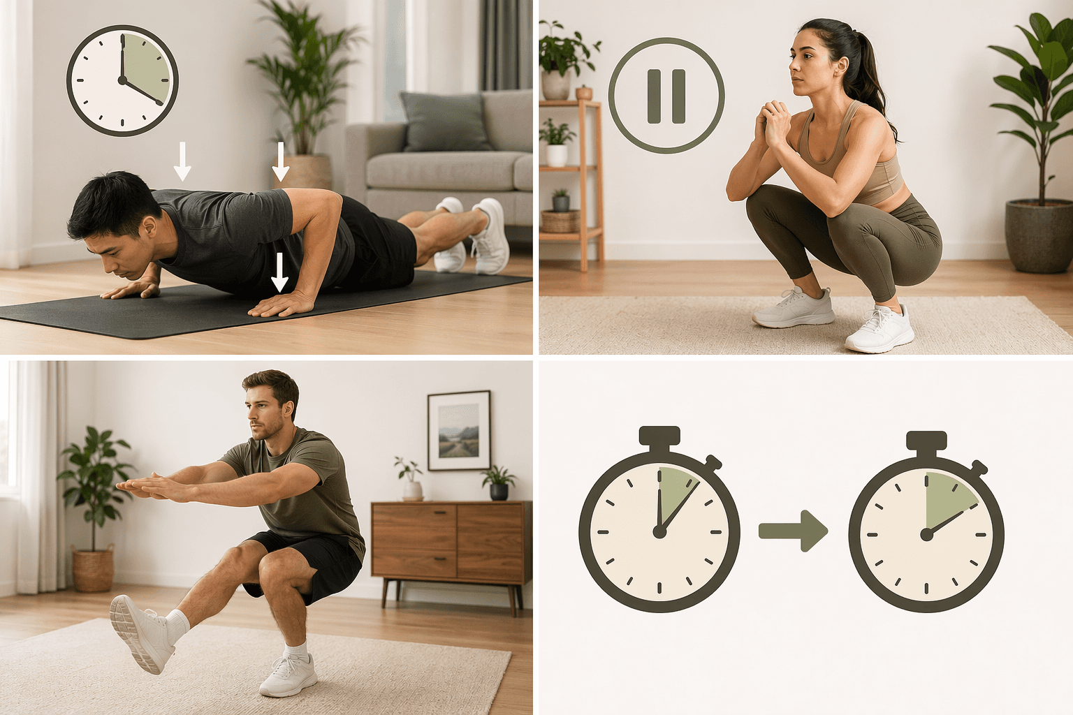 Four-panel editorial illustration of bodyweight progression techniques: panel one shows a person performing a slow eccentric push-up with a tempo icon, panel two shows a person paused at the bottom of a squat with a hold symbol, panel three shows a person doing a single-leg squat, and panel four shows a stopwatch icon transitioning from 10 to 5 seconds.