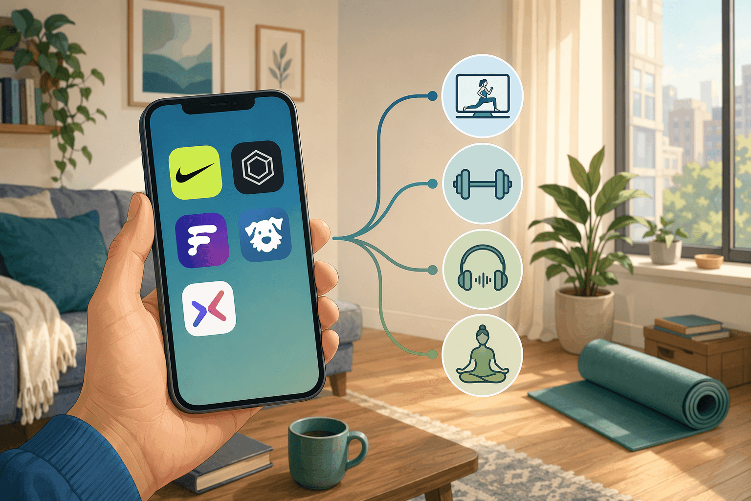 A smartphone held in a small apartment living room showing fitness app icons on the home screen, with a rolled yoga mat on the floor nearby.