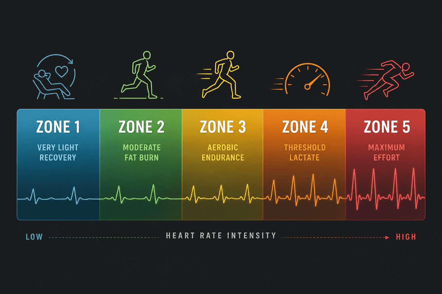 A five-zone heart rate bar with gradient colors from blue to red, each zone labeled with a training icon.