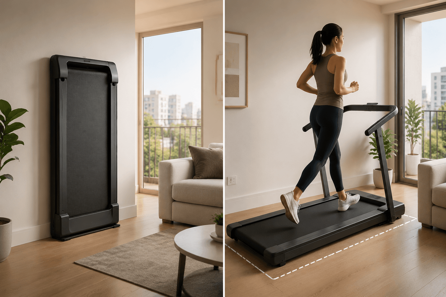 Folded treadmill stored upright beside the same treadmill unfolded across a living room floor