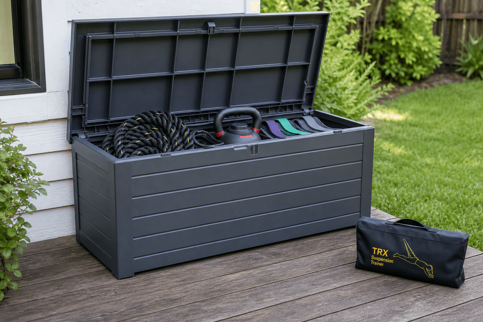 A large grey waterproof resin deck box on a wooden patio with its lid open, revealing organized fitness equipment inside including a coiled battle rope, jump rope, folded resistance bands, and an adjustable kettlebell.