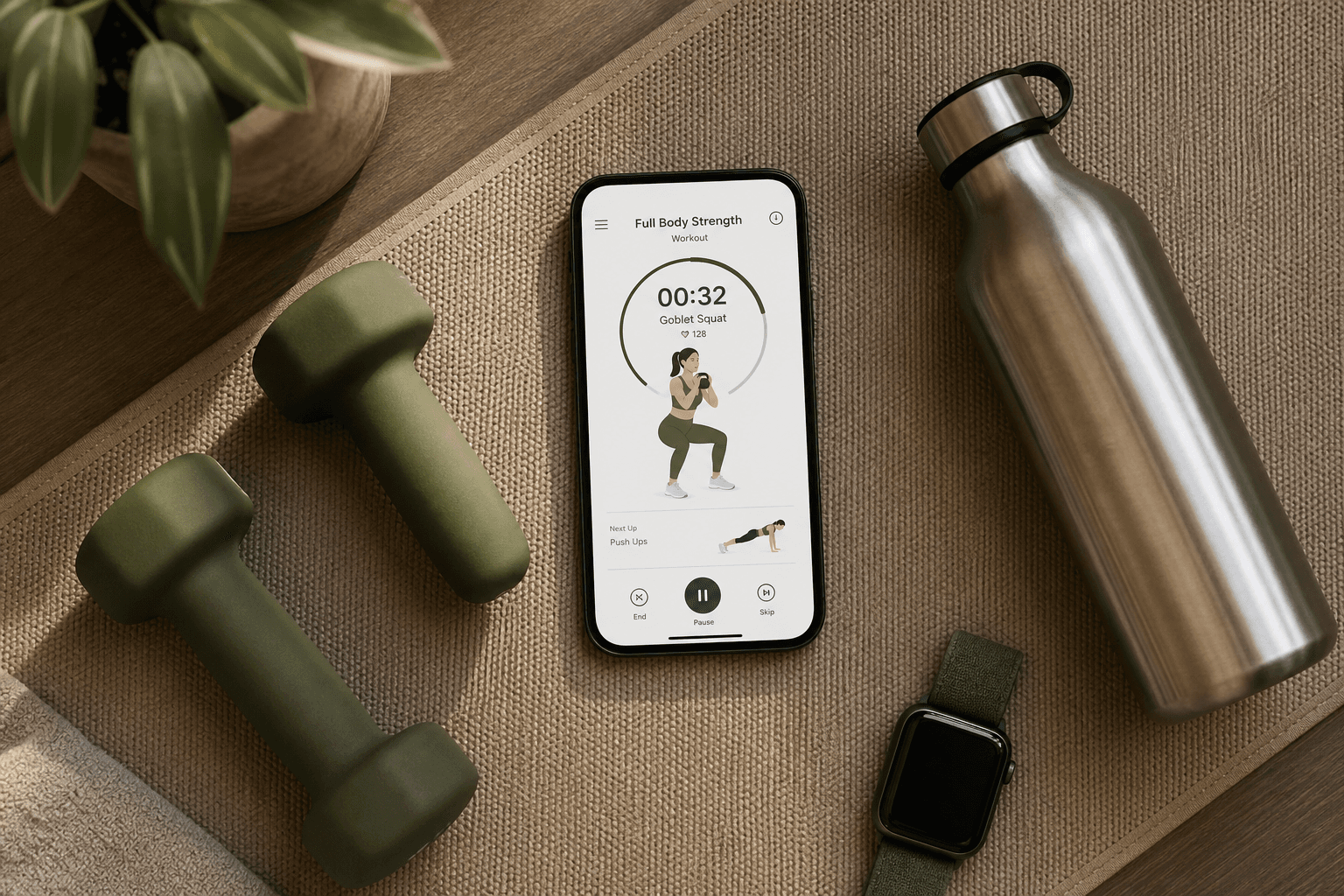A flat-lay photo on a workout mat showing a smartphone with a fitness app interface, surrounded by dumbbells, a water bottle, and an Apple Watch.