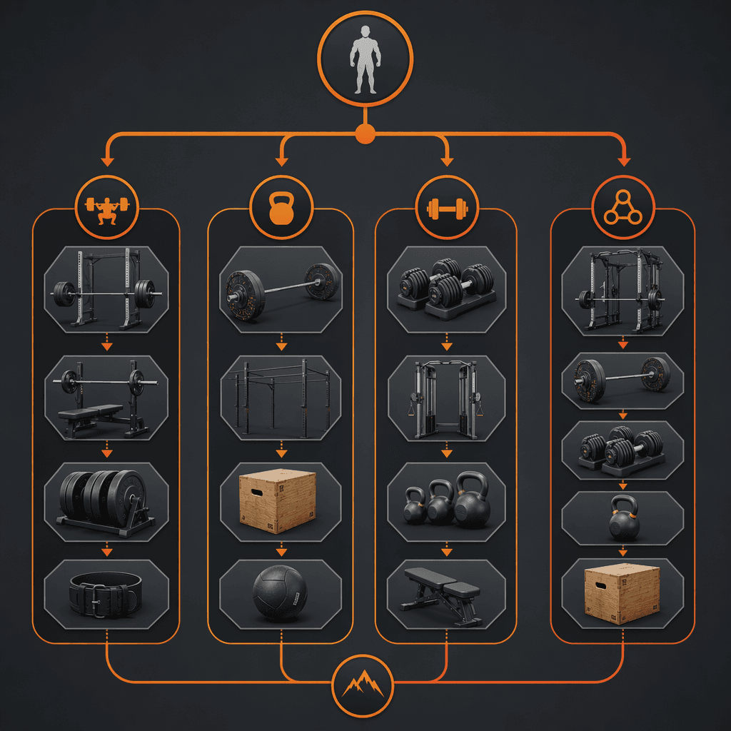 Infographic-style decision flowchart with four training path branches: Powerlifting, CrossFit, General Strength, and Hybrid, each connected to its core equipment icons.