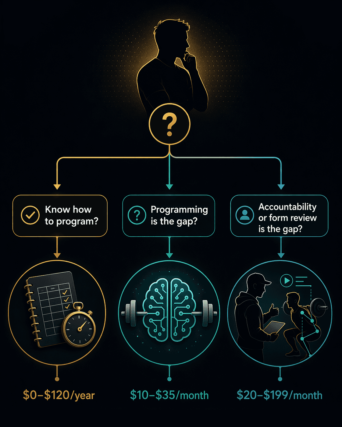 Decision flow showing manual tracker, AI programmer, and human coach paths by training bottleneck