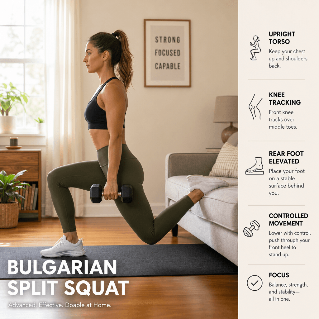 A person performing a Bulgarian split squat with one foot on a couch behind them on a yoga mat, holding a dumbbell at their side in a small living room.
