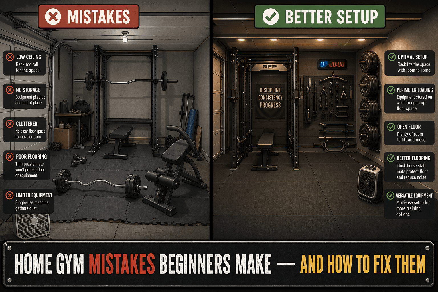 Split-screen infographic of a garage home gym. Left side labeled 'Mistakes' shows a cramped, cluttered layout. Right side labeled 'Better Setup' shows the same space optimized with proper flooring, wall storage, and open floor space.