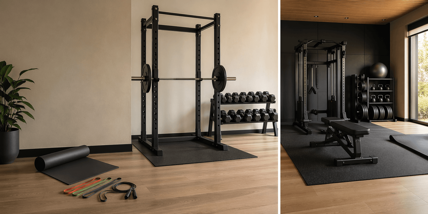 Wide-angle view of a home gym progressing from basic floor gear to a rack, dumbbells, and a more complete setup.