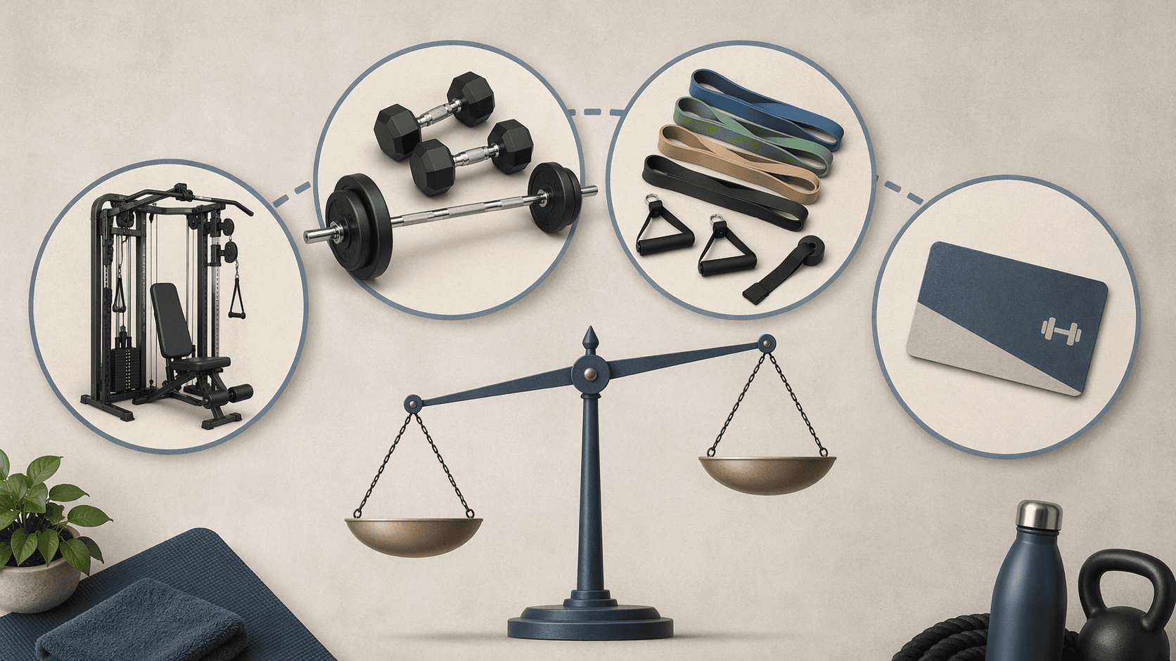 Flat-lay illustration showing a cable machine, dumbbells with barbell, resistance bands, and a gym membership card arranged around a balance scale. Warm gray and slate blue palette.