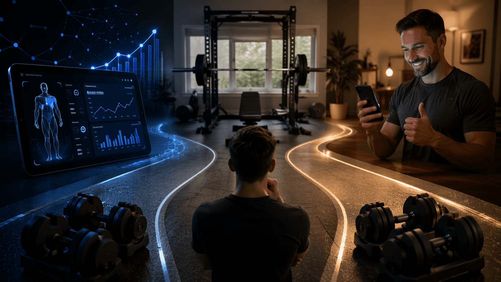AI programming and human coaching compared inside a home gym with a rack, barbell, and dumbbells
