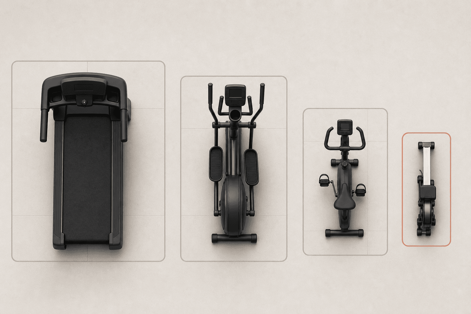A top-down comparison of four machine footprints — treadmill, elliptical, exercise bike, and folded rowing machine — showing the rowing machine as the smallest.