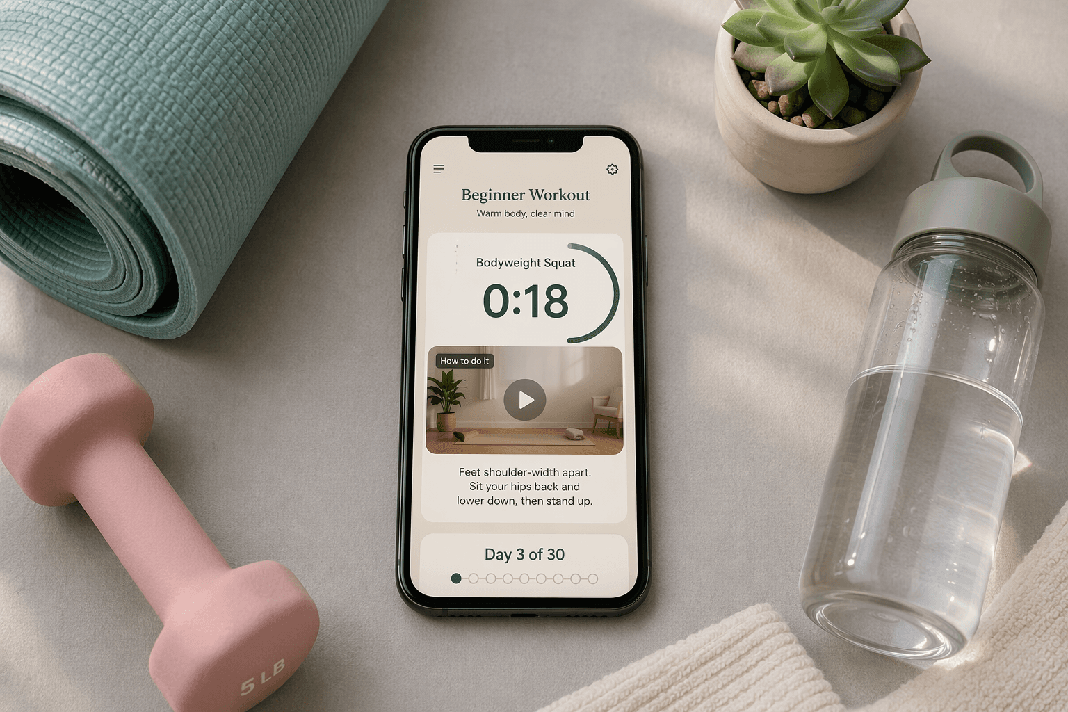 Top-down flat-lay on a soft grey surface: a smartphone centered showing a workout app interface with a timer at 0:18, a bodyweight squat video thumbnail, and a 'Day 3 of 30' progress indicator. Around the phone are a rolled teal yoga mat, a single light pink 5 lb dumbbell, a clear half-filled water bottle, and a small potted succulent.
