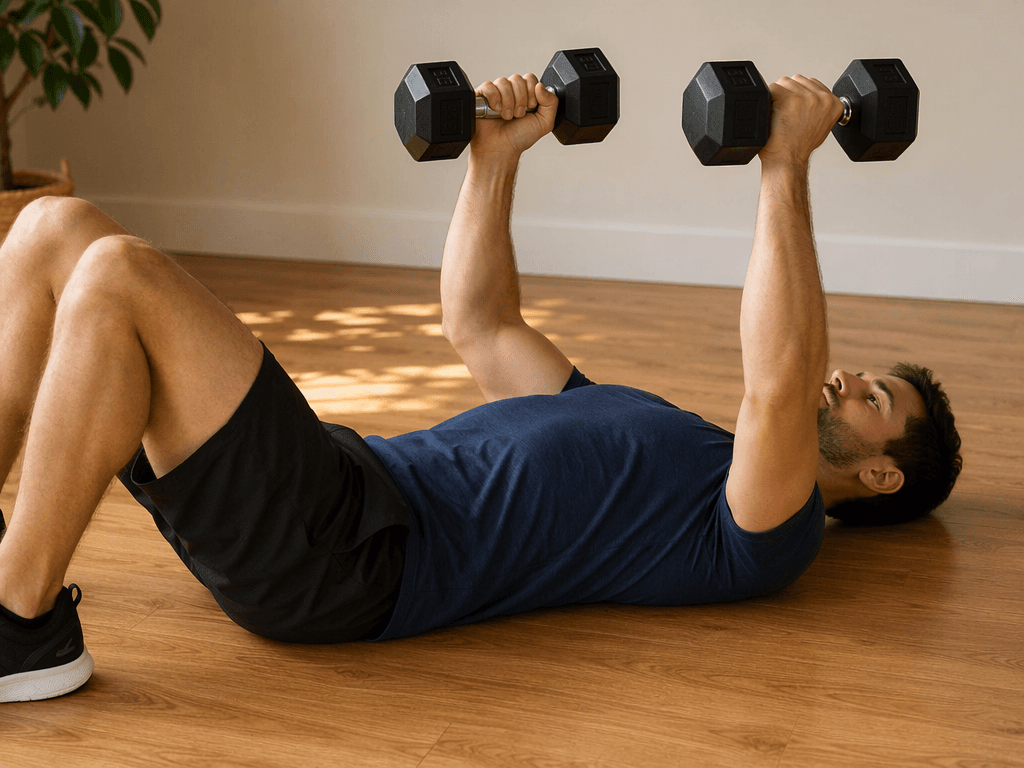 A waist-up view of a person lying on a wood floor performing a dumbbell floor press — elbows bent at 90 degrees with upper arms touching the floor, dumbbells aligned above the chest, warm natural light, no bench present, casual athletic clothing.