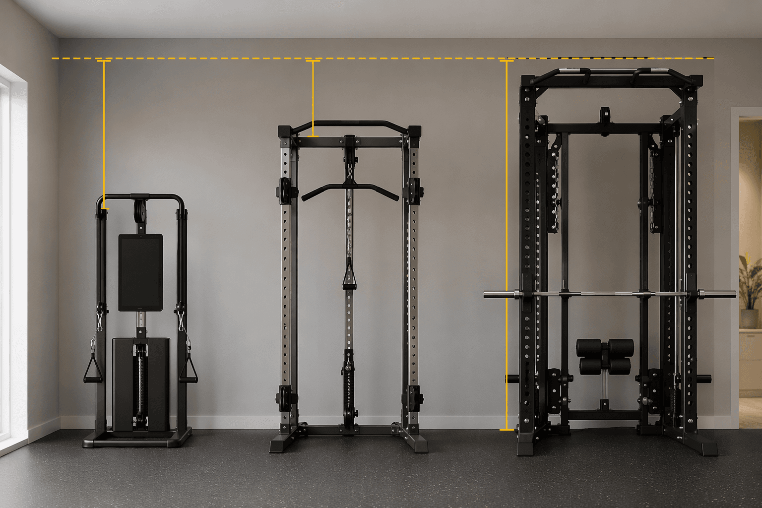 Home gym machines compared against an 8-foot ceiling height line