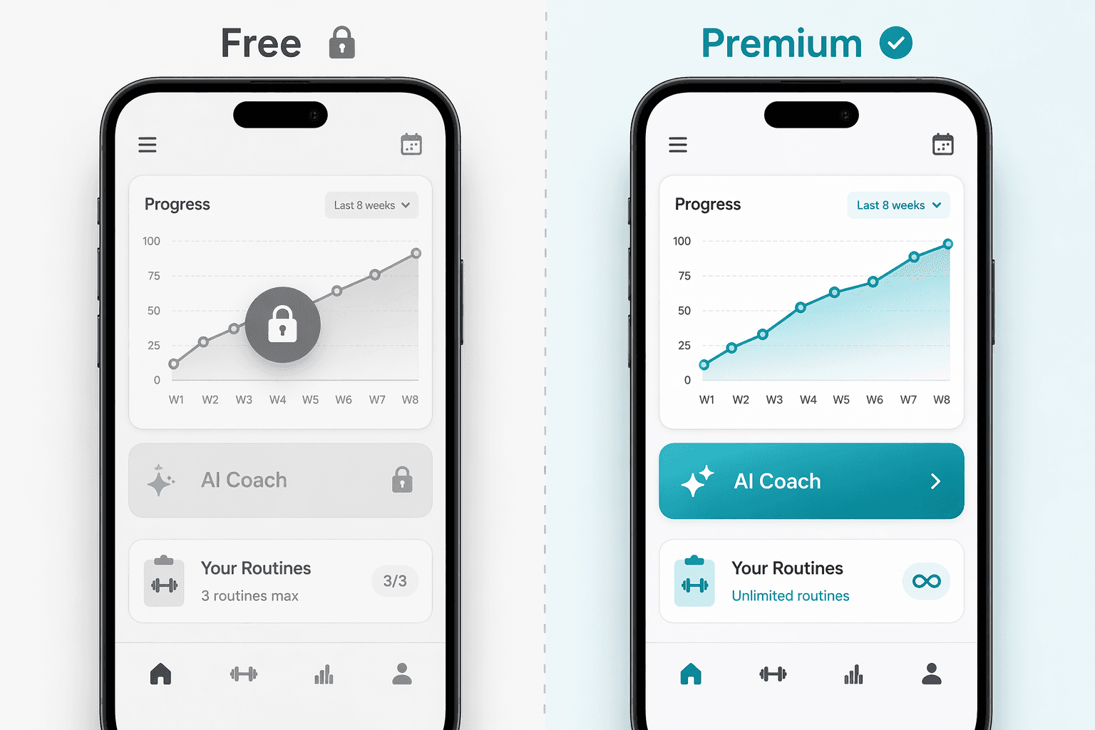 Side-by-side editorial illustration comparing a free workout app tier with grayed-out locked features and padlock icons against a premium tier with fully active colorful charts, AI coach, and unlimited routines indicators