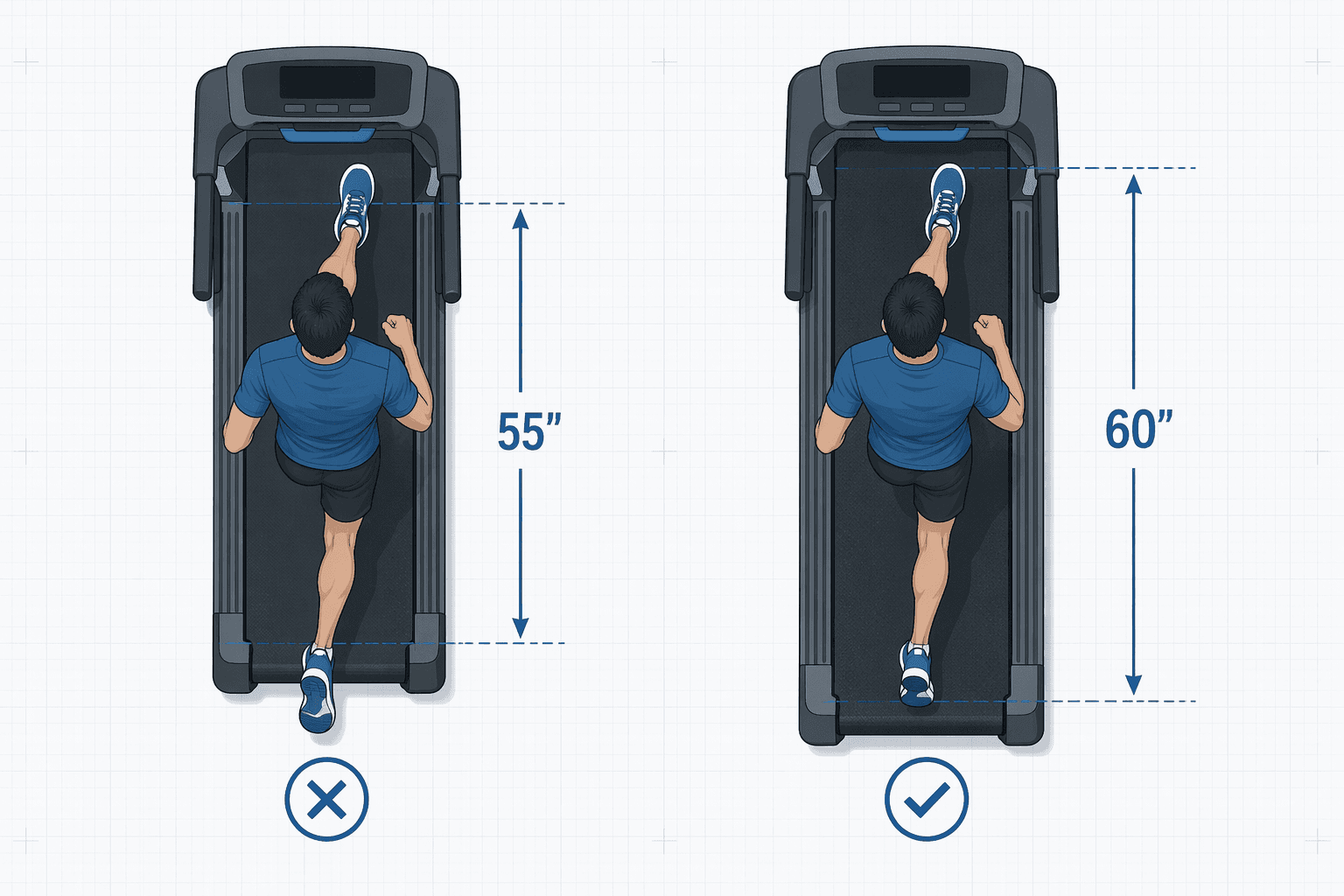 Top-down comparison of a 55-inch deck with a runner's stride extending past both ends versus a 60-inch deck with the same stride fitting comfortably.