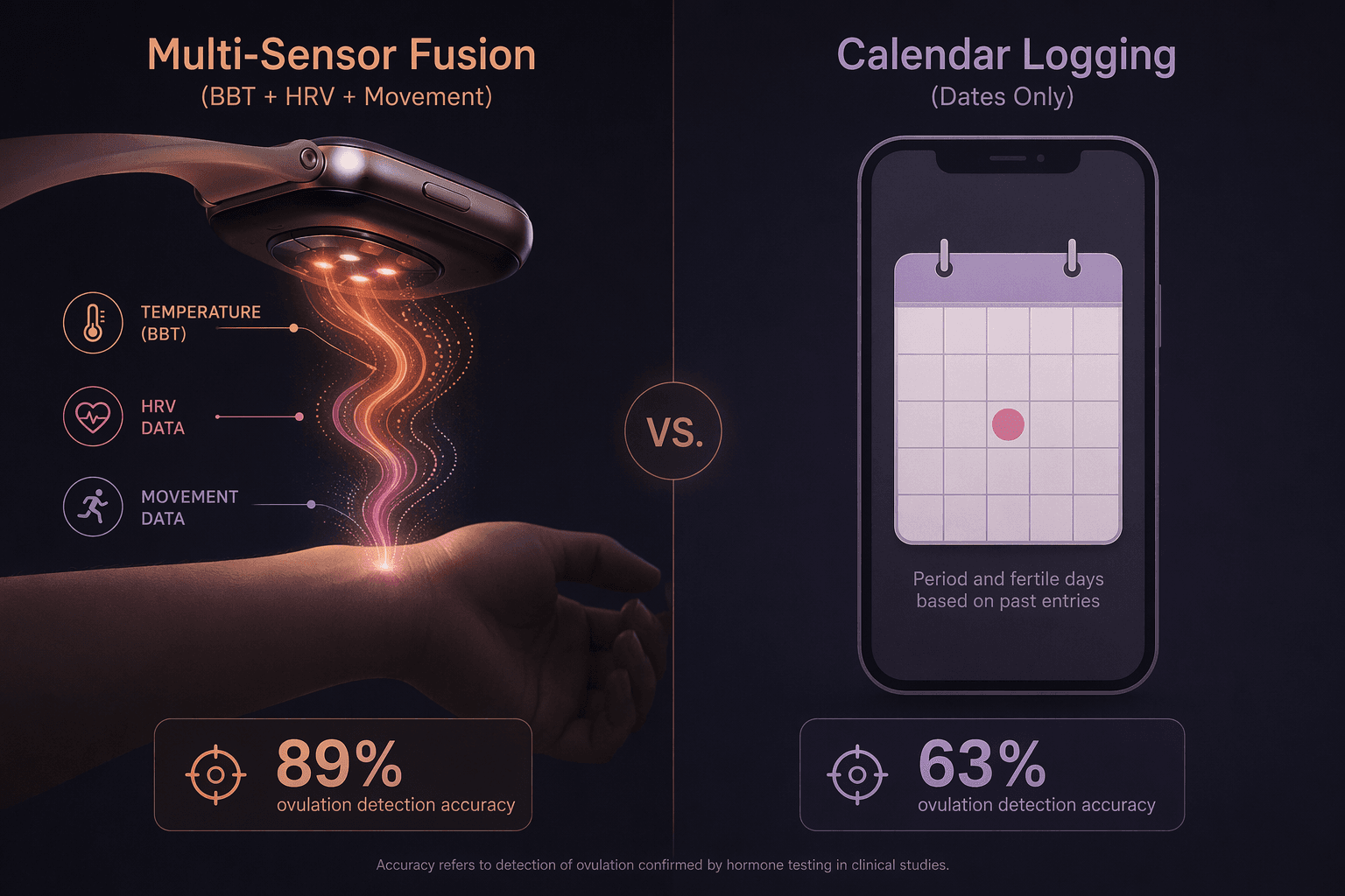 Side-by-side editorial visual showing a smartwatch with glowing sensor lights and warm abstract flowing lines on the left, contrasted with a simple smartphone calendar icon on the right.