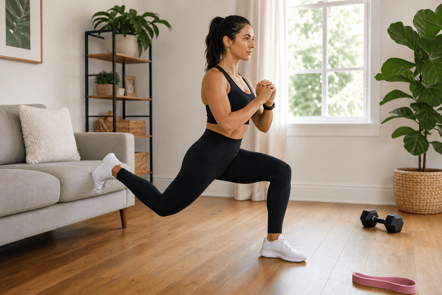 Person performing a Bulgarian split squat in a bright living room, rear foot elevated on a couch, front knee tracking forward with controlled form.