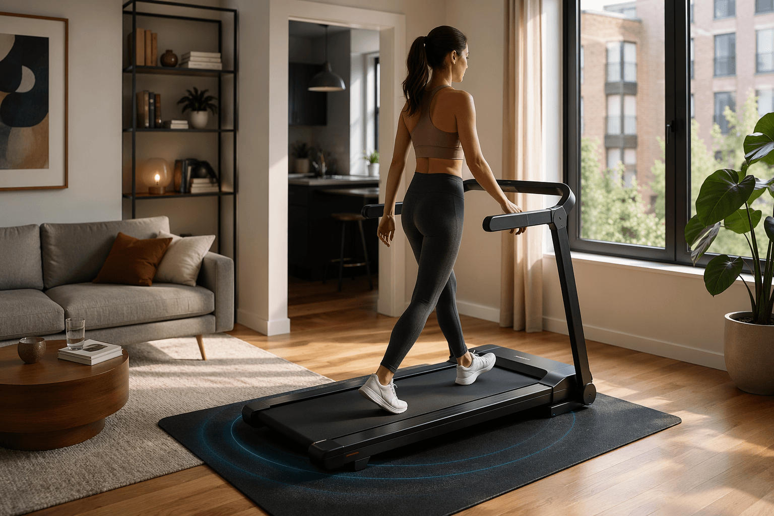 Folding treadmill set up on a black rubber mat in a modern apartment living room