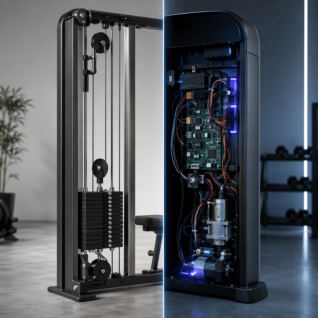 Close-up comparison of traditional weight-stack pulleys and cables beside smart gym electronics, wiring, and motor components