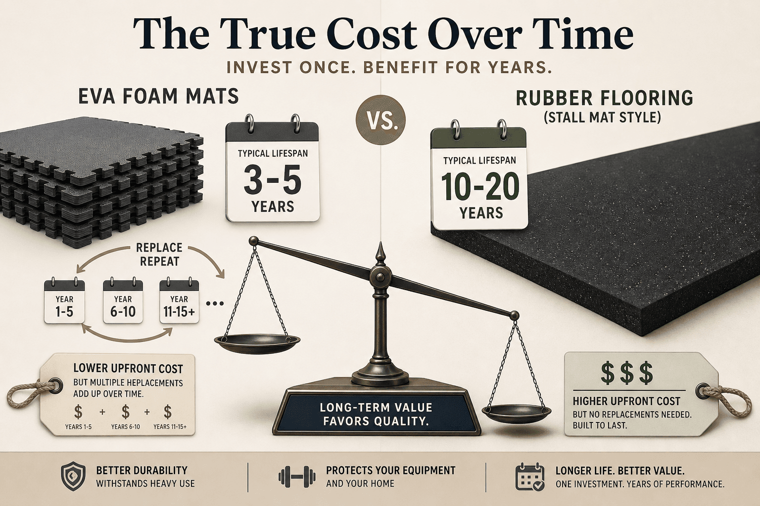 Split comparison illustration showing long-term flooring cost: left side shows stacked EVA foam mats with a 3-5 year calendar and replacement arrow, right side shows thick rubber stall mats with a 10-20 year calendar and no replacement arrow; a balance scale graphic between them tilts toward the rubber side; warm neutral background.