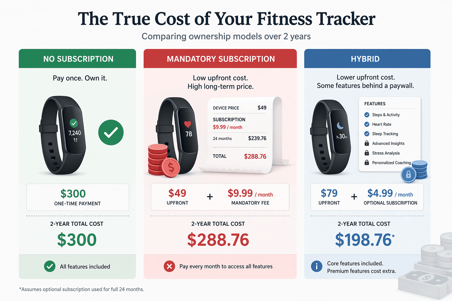 Three-column comparison of no-subscription, mandatory-subscription, and hybrid fitness tracker ownership tiers